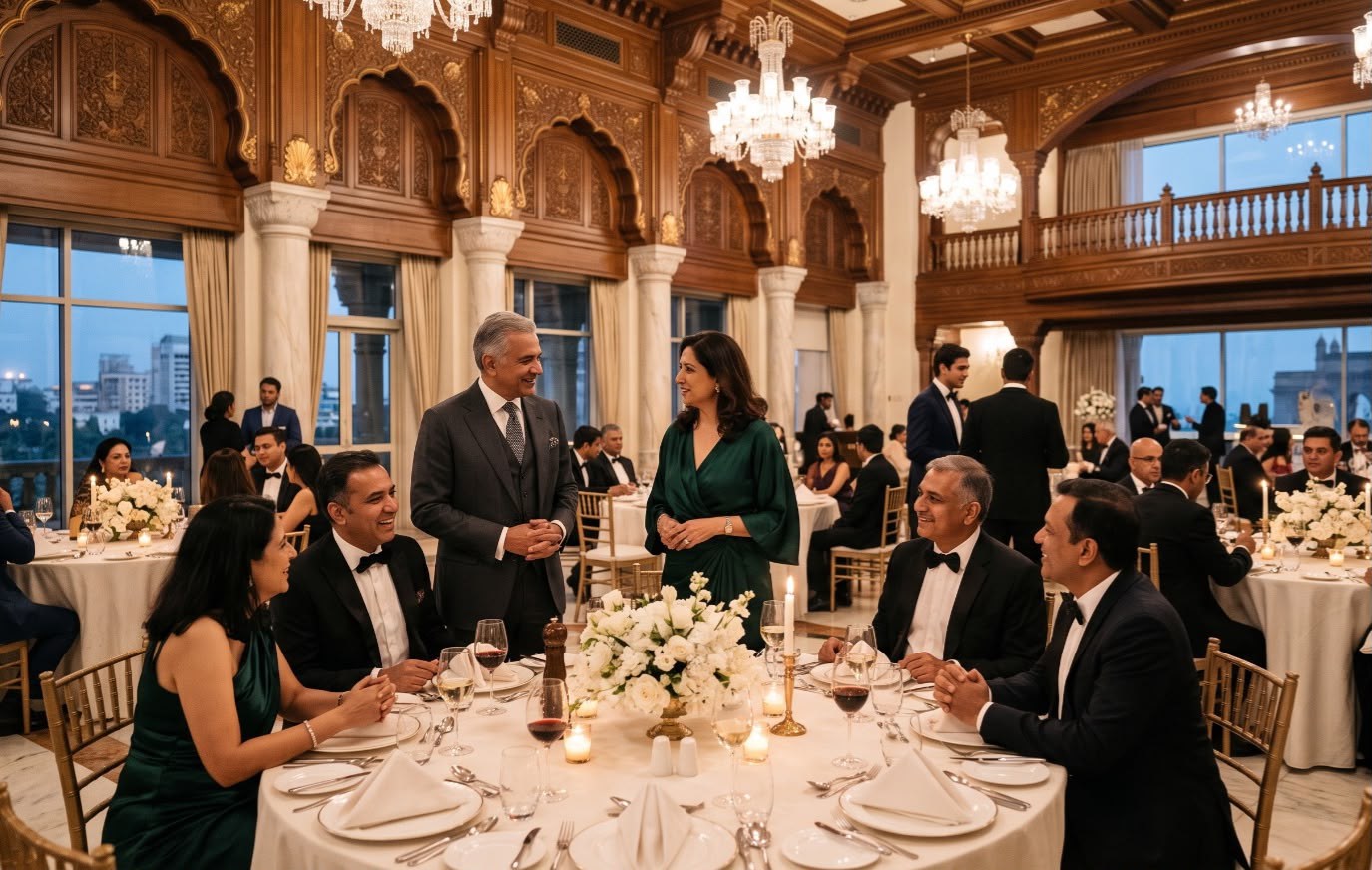 A private gathering in a carved-wood banquet hall