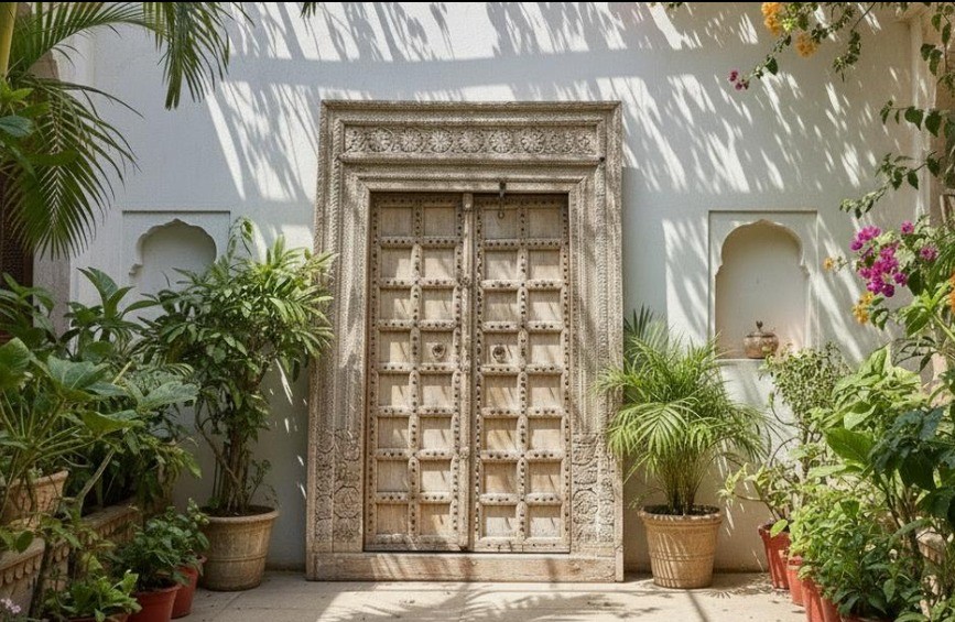 An old carved doorway in a courtyard