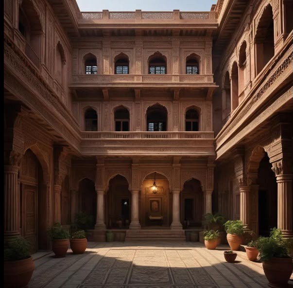 A haveli courtyard in red sandstone