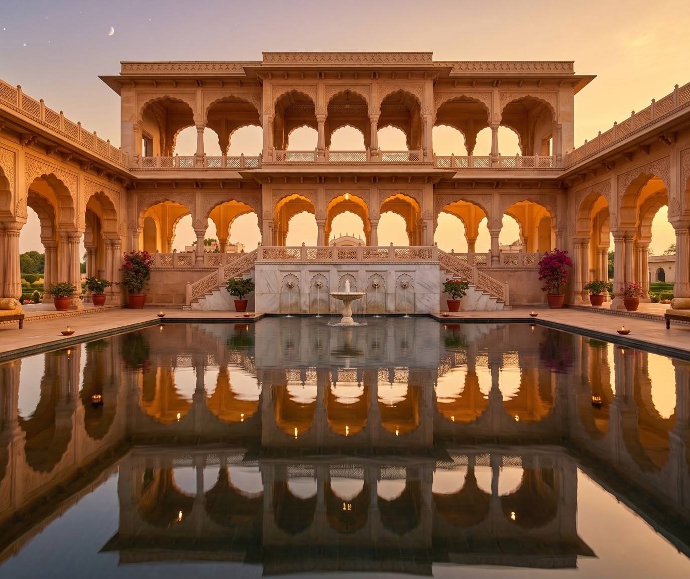 A palace courtyard mirrored in still water