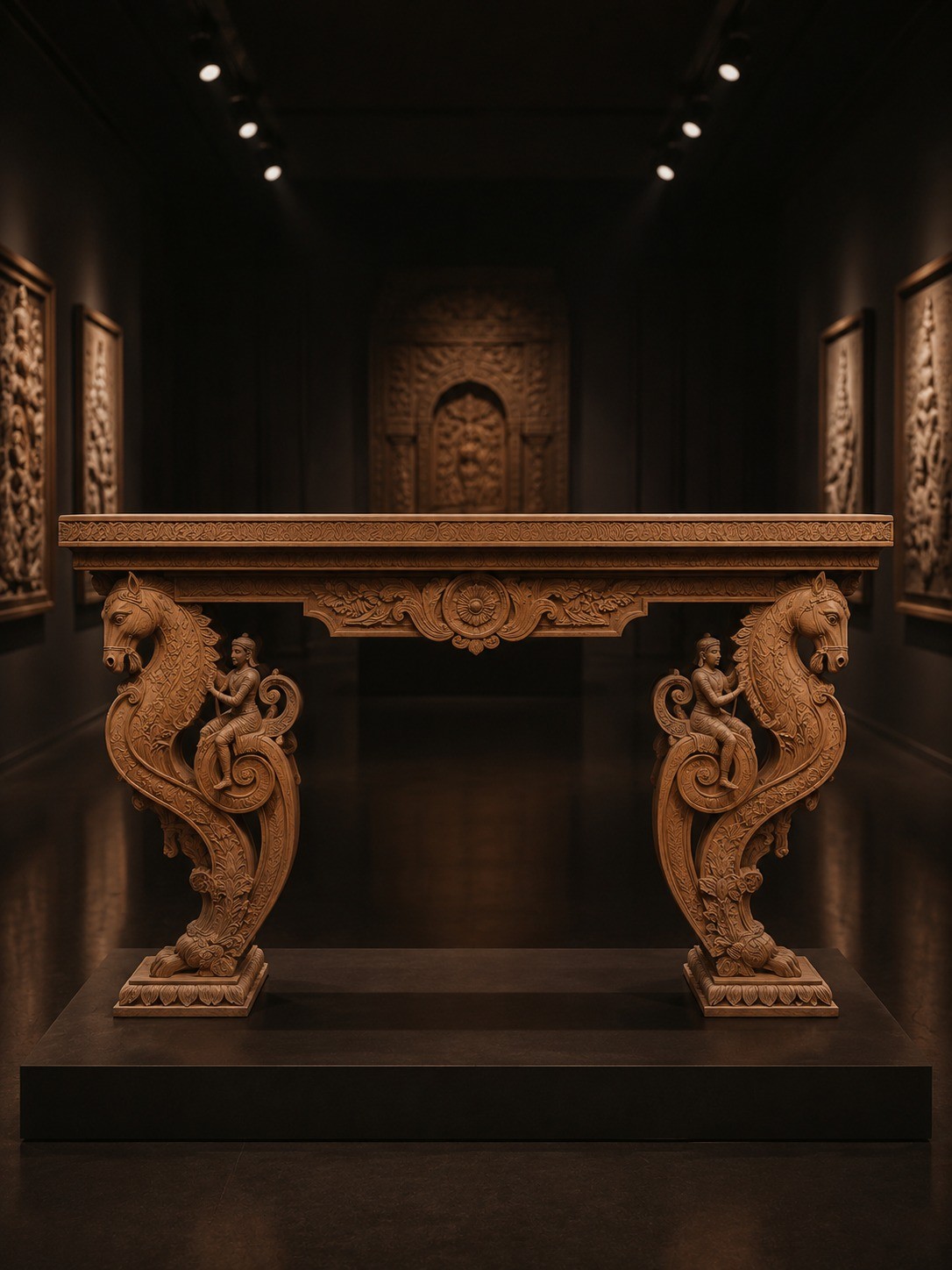 A carved console with horse-form legs