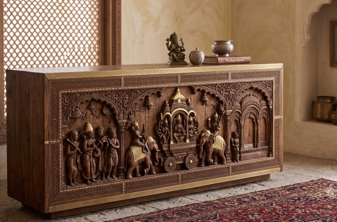 A teak sideboard carved with a temple procession
